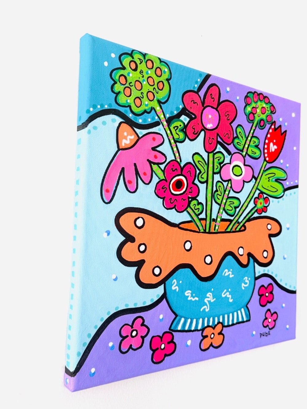 Original Painting POP Art Collectible Tulips Flowers Blue & OrangeVase 12" x 12"